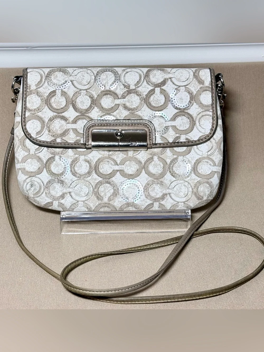 Coach White and Taupe Signature Crossbody with Metallic Accent